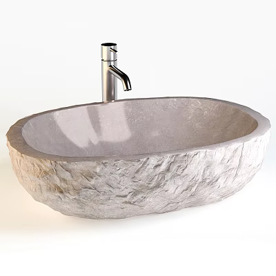 Natural Stone Oval Washbasin with Textured Surface and Modern Stainless Steel Faucet 3d model