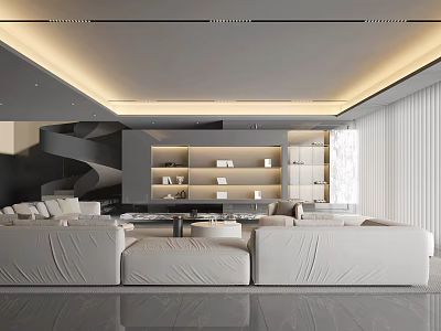 Contemporary Minimalist Living Room Interior With Large Sectional Sofa And Recessed Lighting Built In Cabinet 3d model