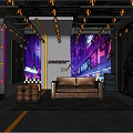 Modern Public Office Space Interior With Neon Decor Leather Sofa And Metal Partitions