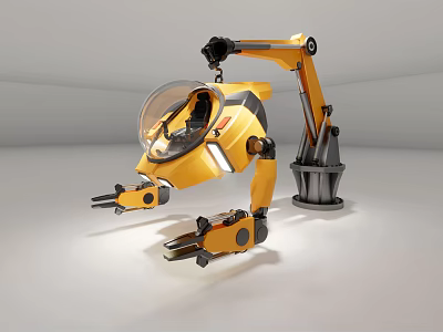 Smart Robot In Yellow Design With Transparent Cockpit And Multiple Robotic Arms 3d model
