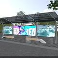 Bus Station With Transparent Roof Wooden Benches LED Billboards Amenity Signs And Green Trees