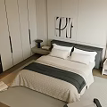 Modern Bedroom Interior With Double Bed Bedside Table Decorative Painting And White Wardrobe