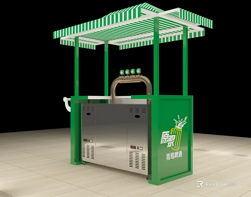 Commercial Kiosk Equipment with Green White Striped Awning Stainless Steel Counter for Freshly Squeezed Juice 3d model 