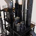 Industrial Equipment with Multiple Metal Pipes and Tall Tower Structures in Industrial Setup
