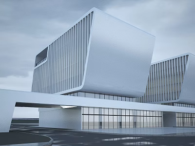 Modern White Industrial Factory Building With Streamlined Design And Large Glass Windows 3d model