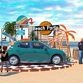 Vibrant Beach Party Scene With Teal Car Open Trunk People Palm Trees And Sunset Sky