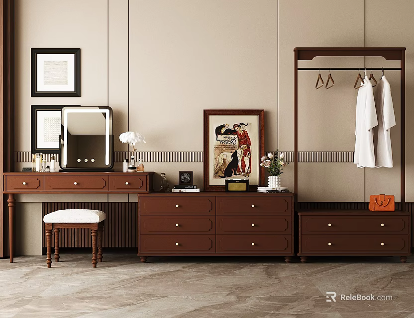Classic Brown Wooden Vanity Table With Mirror Drawer Chest Hanger And Framed Art 3d model 