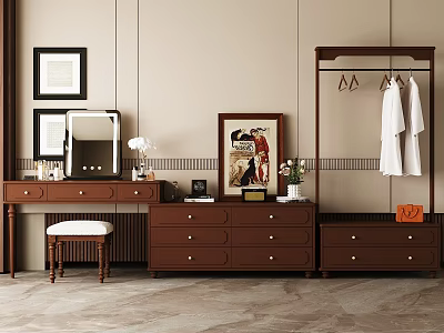 Classic Brown Wooden Vanity Table With Mirror Drawer Chest Hanger And Framed Art 3d model