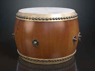 Traditional Wooden Drum Musical Instrument With White Head And Metal Rivet Decorations 3d model