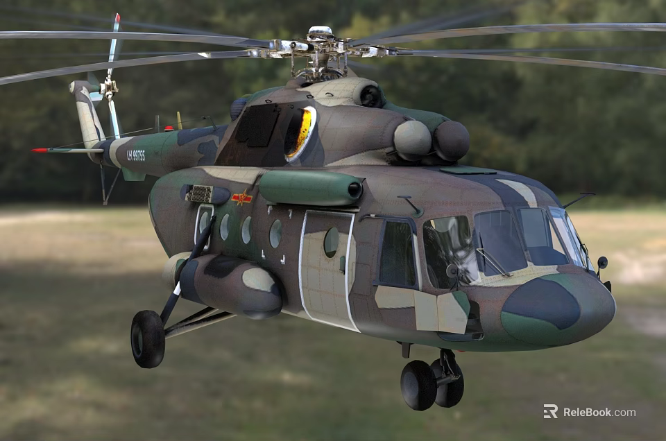 Military Camouflage Helicopter Flying Over Wooded Area With Extended Landing Gear 3d model 