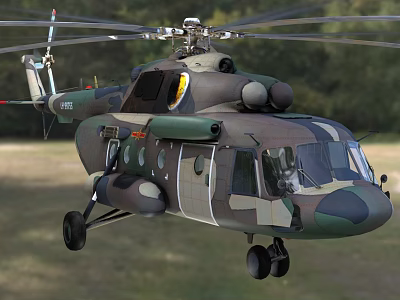 Military Camouflage Helicopter Flying Over Wooded Area With Extended Landing Gear 3d model
