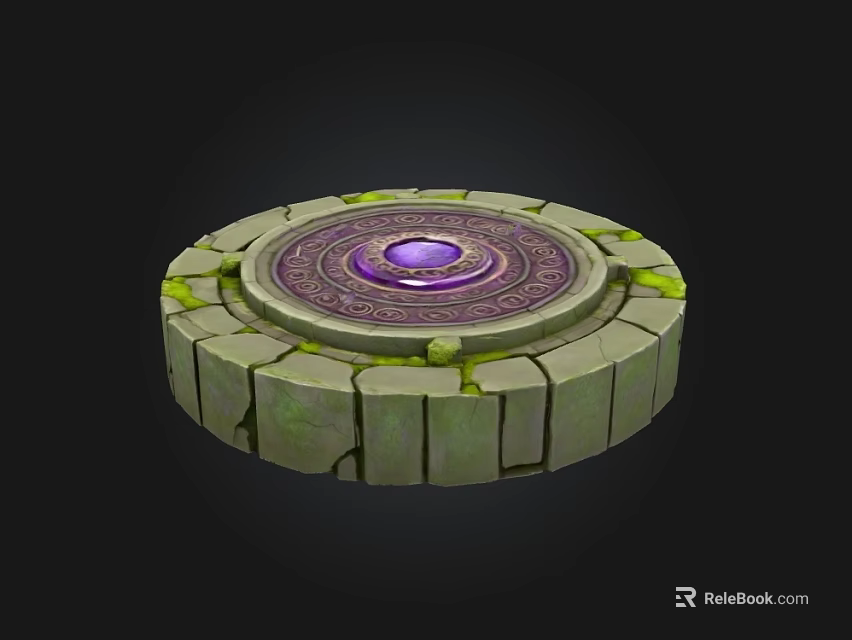 Ancient Round Stone Platform With Purple Gemstone And Green Moss Carvings 3d model 