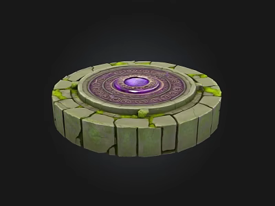 Ancient Round Stone Platform With Purple Gemstone And Green Moss Carvings 3d model