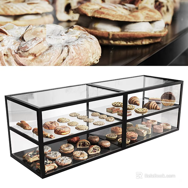 Various Breads And Pastries In Black Frame Transparent Glass Layered Display Case 3d model 