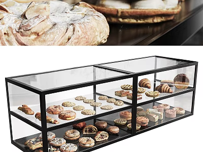 Various Breads And Pastries In Black Frame Transparent Glass Layered Display Case 3d model