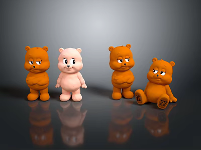 Four Stuffed Bear Toys in Brown and Pink Standing and Sitting with Reflections 3d model