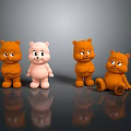 Four Stuffed Bear Toys in Brown and Pink Standing and Sitting with Reflections