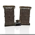 Modern Rustic Bamboo Structures With Thatched Roofs Stone Slab And Wooden Bucket