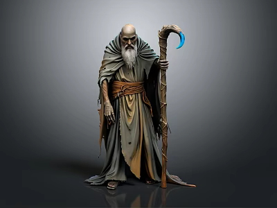 Old Man With Bald Head Long Beard Wearing Robe Holding Staff With Blue Crescent 3d model