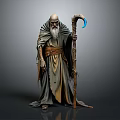 Old Man With Bald Head Long Beard Wearing Robe Holding Staff With Blue Crescent