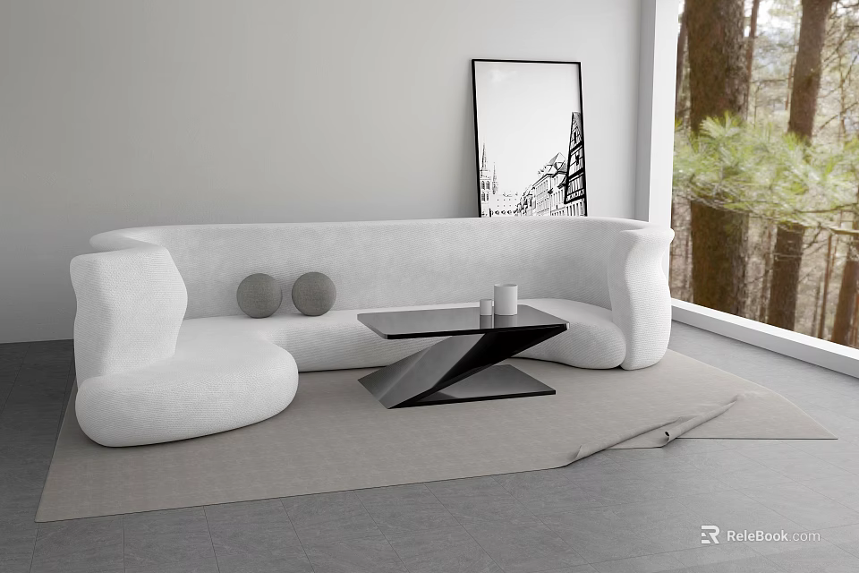 White Sectional Sofa With Round Cushions Black Geometric Coffee Table Light Gray Rug Window View 3d model 