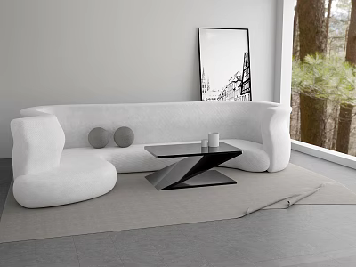 White Sectional Sofa With Round Cushions Black Geometric Coffee Table Light Gray Rug Window View 3d model
