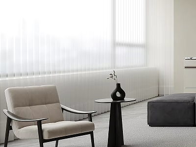 Beige Lounge Chair by Window with Small Round Table Vase White Blinds and Dark Ottoman 3d model