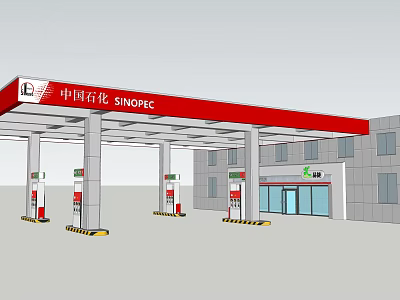 Standard SINOPEC Gas Station Exterior With Red Canopy And Fuel Pumps 3d model