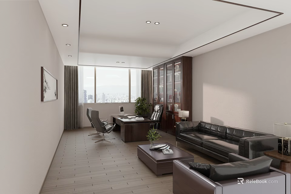 Modern Office Interior Design With Large Windows Wooden Desk Black Leather Sofa And Wooden Flooring 3d model 