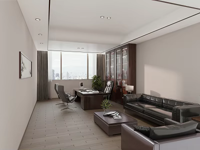 Modern Office Interior Design With Large Windows Wooden Desk Black Leather Sofa And Wooden Flooring 3d model