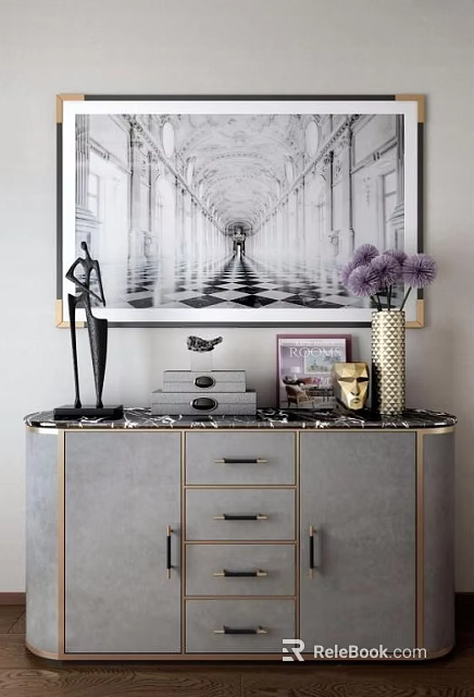 Entryway Console Cabinet With Marble Countertop Gold Accents Black Sculpture Purple Flowers And Painting 3d model 