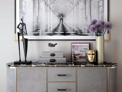 Entryway Console Cabinet With Marble Countertop Gold Accents Black Sculpture Purple Flowers And Painting 3d model
