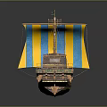 Wooden Watercraft With Yellow And Blue Striped Sails And Red Deck Features