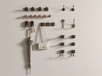 Various Wall Hooks for Hanging Umbrella and Bag on White Wall 3d model