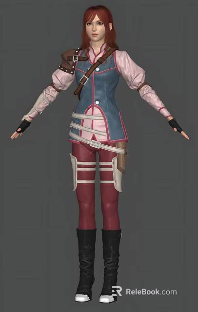 Woman In Blue And Pink Strapped Vest With Red Pants And Belted Design 3d model 