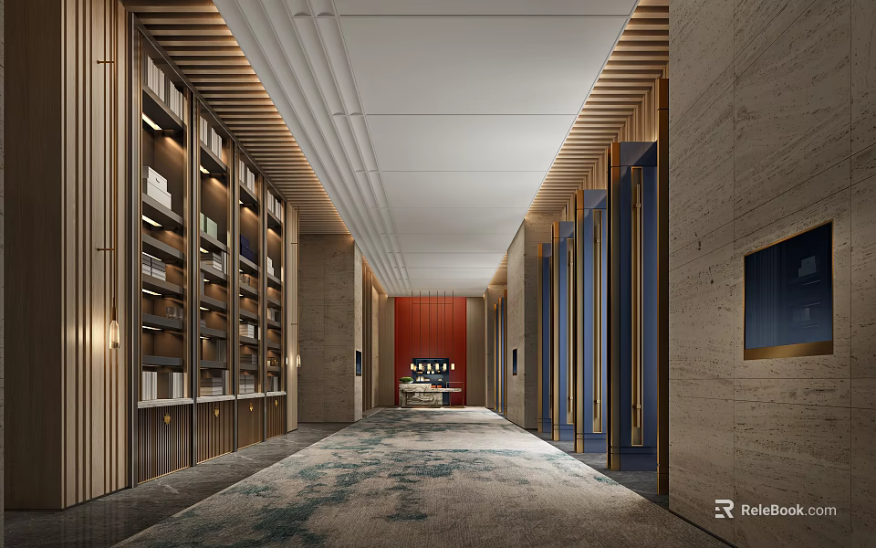 Hotel Corridor Interior Design With Wooden Bookshelves Patterned Carpet And Elegant Lighting 3d model 