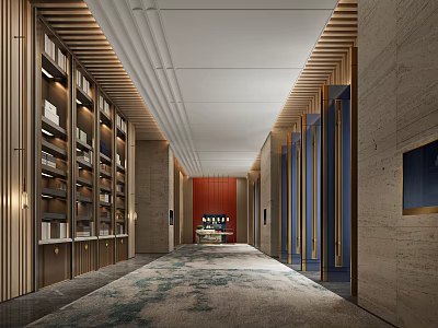 Hotel Corridor Interior Design With Wooden Bookshelves Patterned Carpet And Elegant Lighting 3d model