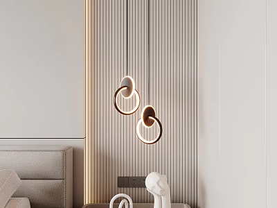 Modern Minimalist Chandelier With Circular Metal Ring Design In Bedroom Interior With Striped Wall 3d model