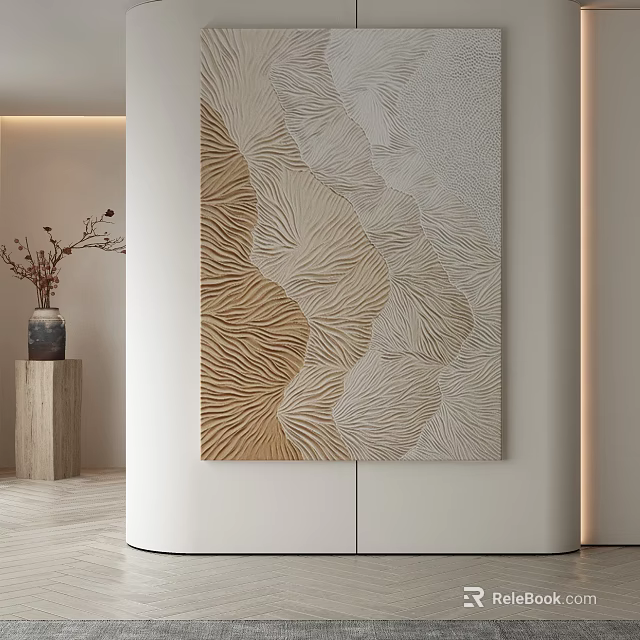 Modern Abstract Painting with Golden Beige Textured Wave Patterns in Minimalist Interior Wall 3d model 