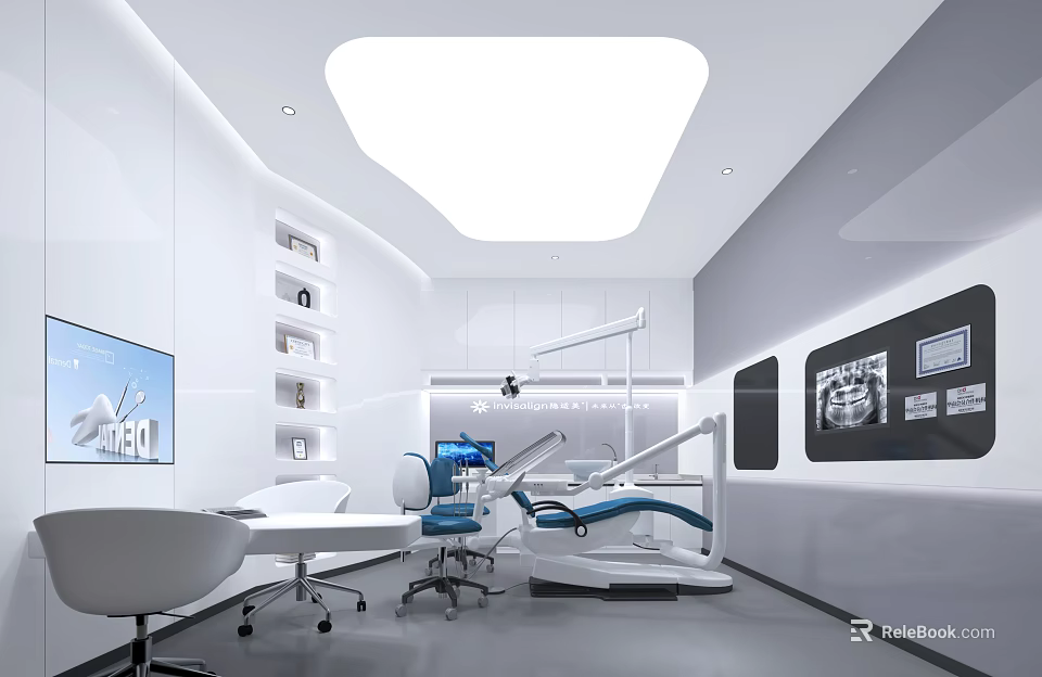 Modern Dental Clinic Interior With Dental Chair Display Screen And Medical Equipment 3d model 