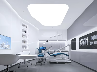 Modern Dental Clinic Interior With Dental Chair Display Screen And Medical Equipment 3d model