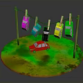 Colorful Toy Cars Hanging On Clothesline With Clothespins And Red Car On Circular Platform