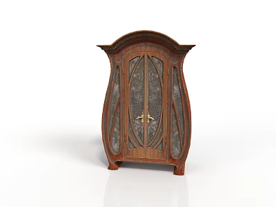 Ornate Brown Standing Wooden Cabinet With Glass Doors And Decorative Carvings 3d model