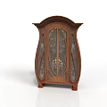 Ornate Brown Standing Wooden Cabinet With Glass Doors And Decorative Carvings