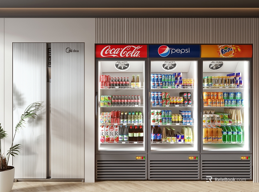 Multiple Commercial Beverage Display Refrigerators Stocked with Coca-Cola Pepsi Drinks 3d model 