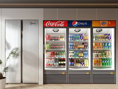 Multiple Commercial Beverage Display Refrigerators Stocked with Coca-Cola Pepsi Drinks 3d model