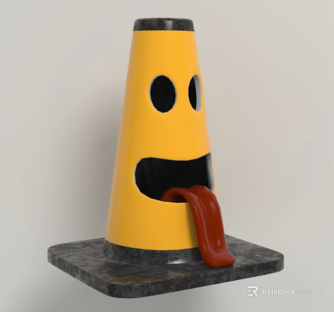 Yellow Cone Decorative Ornament Set With Black Eyes Mouth Red Tongue On Black Base 3d model 