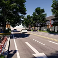 Well Designed Municipal Road With Lined Trees Buildings Lane Markings And Vehicles