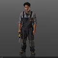 The Man Wearing Gray Work Overalls Holding A Drill Standing On Dark Background