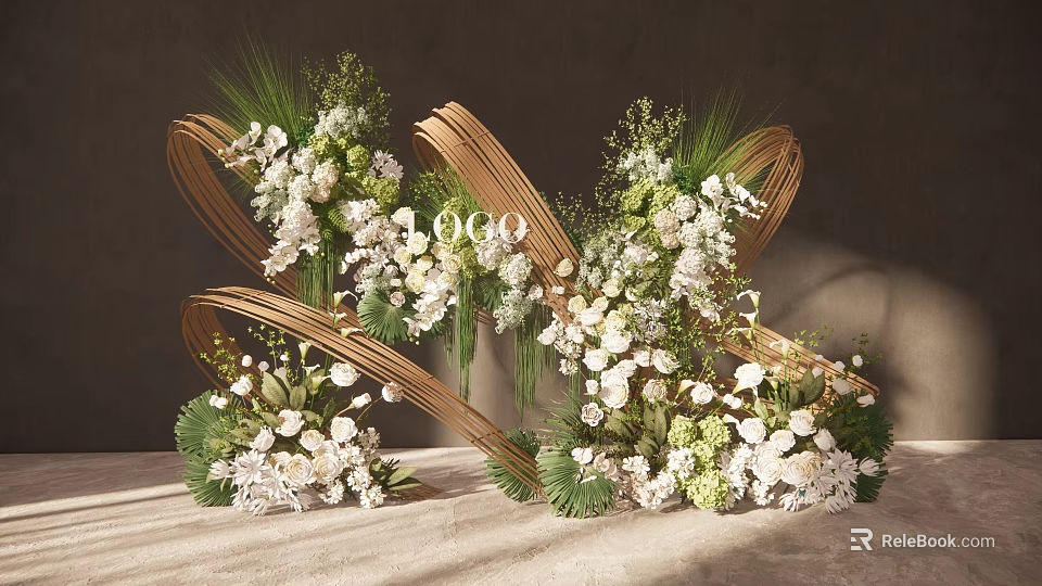 Elegant Floral Arrangement With Golden Curved Decorations And White Green Flowers 3d model 